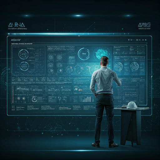 A professional, high-end photograph of a modern corporate engineering office with architects and security technicians collaborating around a large digital display. The lighting is sophisticated and cool, reflecting a high-tech corporate environment. The palette is dominated by deep navy blues and clean whites with subtle metallic textures. The composition is clean and focuses on integrated technology systems.