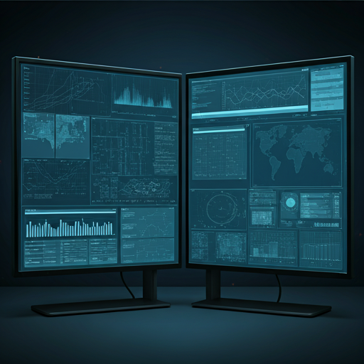 A centralized building control room with multi-screen displays showing architectural blueprints, security camera feeds, and climate controls. High-tech navy aesthetic with glowing red alerts.