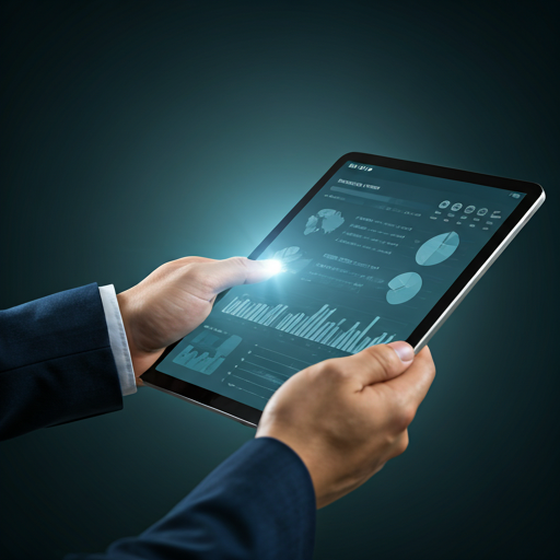 Detailed data visualization report on a tablet being held by a businessman in a suit. Clean charts, high-contrast dashboard, focused lighting on the device.